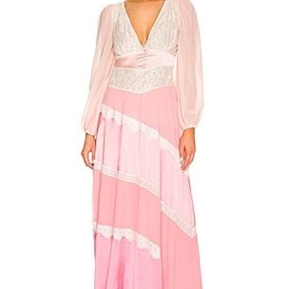 Love Shack Fancy Elegant Pink and White V-Neck Bishop Sleeve Gown